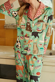 Coffee Cat Print Home Long Sleeve Two Piece Set