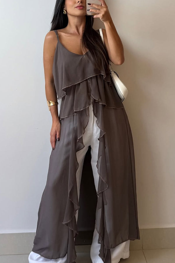 Solid Color V-neck Ruffled Irregular Loose Top