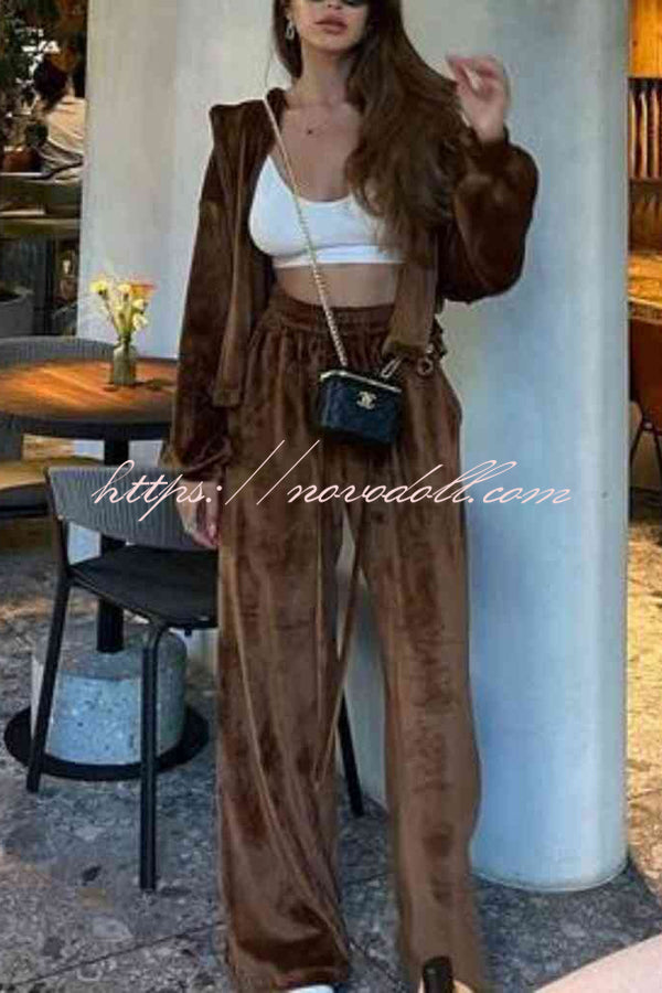 Velvet Casual Zip-up Hooded Top and Elastic Waist Wide Leg Pants Set