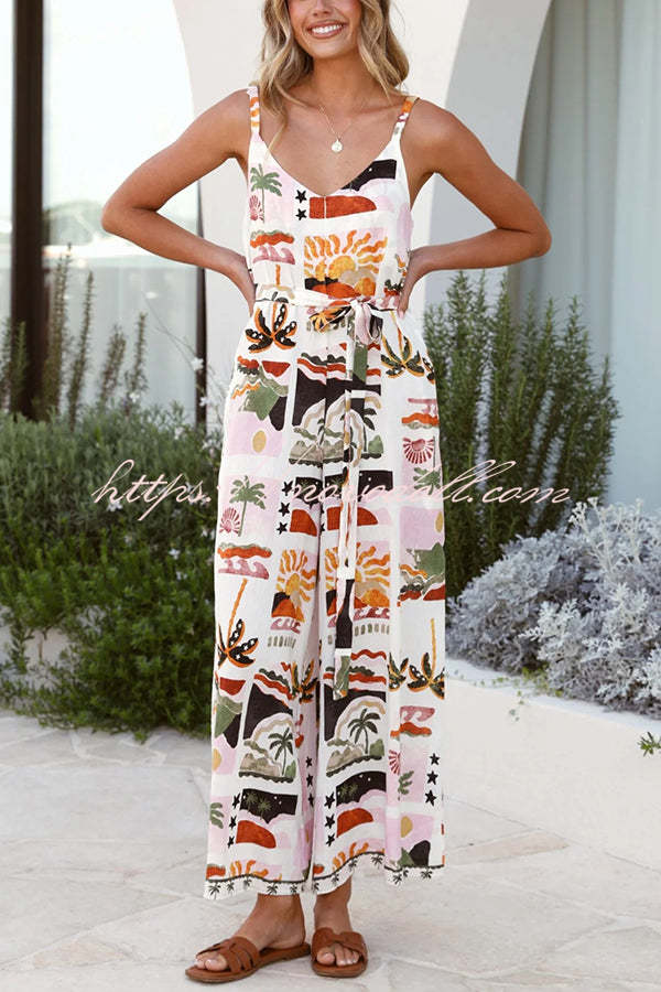 Unique Beach Vacation Print V-neck Suspenders Casual Wide-leg Jumpsuit