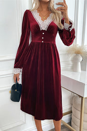 Vintage Velvet Lace Paneled V-neck Long-sleeved Elegant Midi Dress