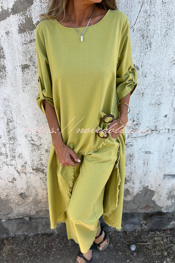 Jamilah Linen Blend Ring Detail Midi Blouse  and Elastic Waist Pocketed Loose Pants Set