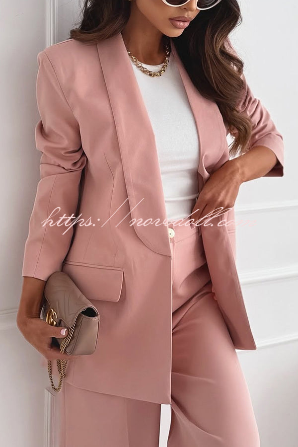 Solid Color Lapel Long Sleeve Casual Blazer and Pocket Wide Leg Pants Set