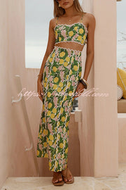 Linen Blend Summer Fruit Print Camisole Top and Elegant Lace Back Slit Maxi Skirt Set