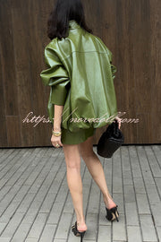 Solid Color Loose Long Sleeve Pocket Casual Leather Jacket