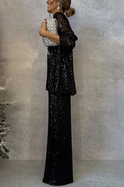 Party Scene Sequin High Rise Elastic Waist Wide Leg  Pants