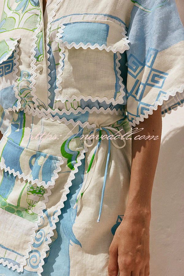 Pierre Linen Blend Ric Rac Trims Unique Print Short Sleeve Shirt and Wrap Tie-up Mini Skirt Set