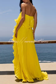 Reina Chiffon Pleated Wavy Ruffles Trim Strapless Loose Maxi Dress