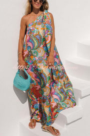 Rainbow Breeze Satin Unique Print Bow One Shoulder Loose Maxi Dress