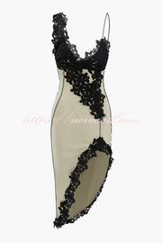 Sexy Lace Paneled Deep V Suspender Slim Midi Dress