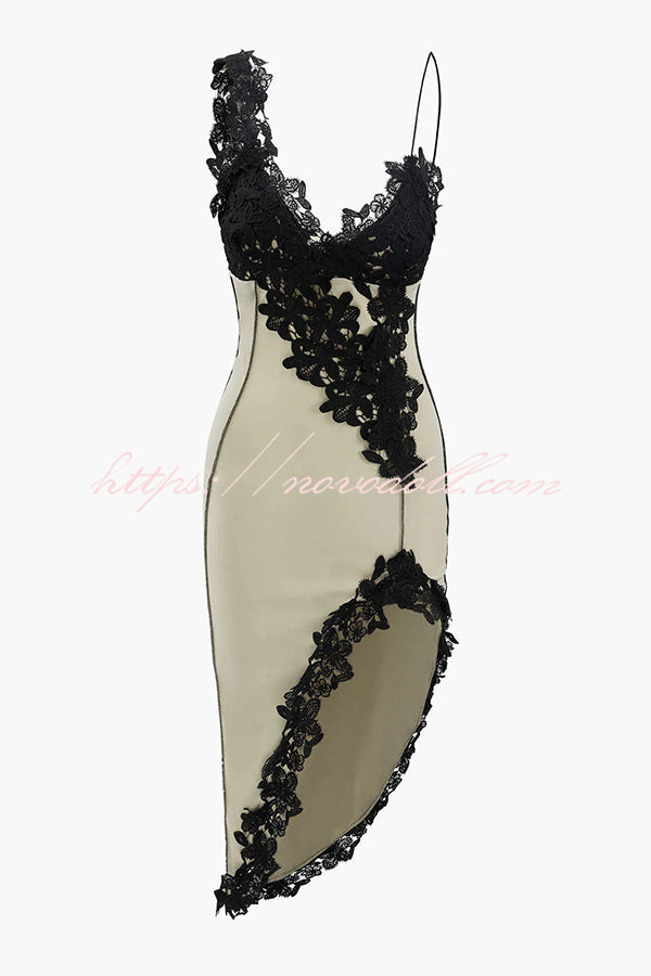 Sexy Lace Paneled Deep V Suspender Slim Midi Dress