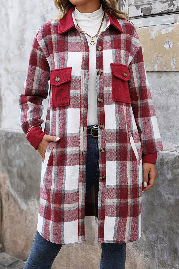 Retro Plaid Casual Long-sleeved Pocket Mid-length Coat
