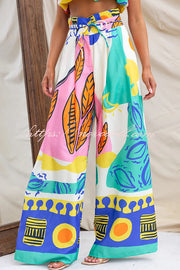 Maison Linen Blend Unique Print High Neck Top and Elastic Tie-up Waist Pocket Wide Leg Pants Set