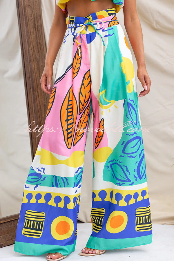 Maison Linen Blend Unique Print High Neck Top and Elastic Tie-up Waist Pocket Wide Leg Pants Set