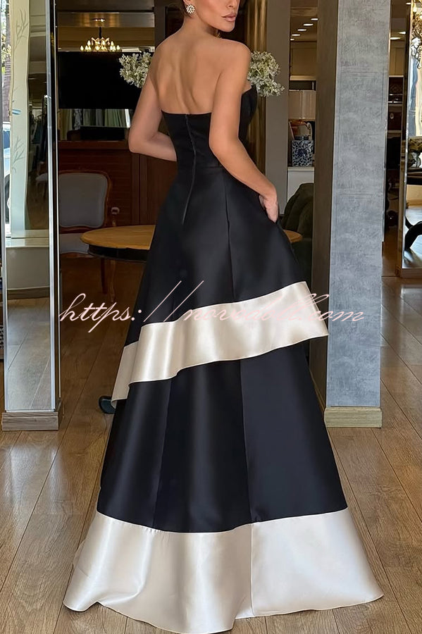 Vivian Satin Contrast Color Sweetheart Bandeau Neck Pocket Layered Maxi Dress