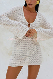 Solid Long Sleeve V Neck Beach Cover Up Mini Dress