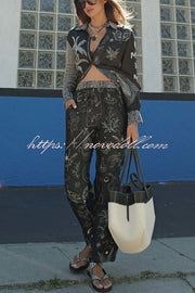Black Magic Satin Unique Print Long Sleeve Blouse and Elastic Waist Pocket Wide Leg Pants Set