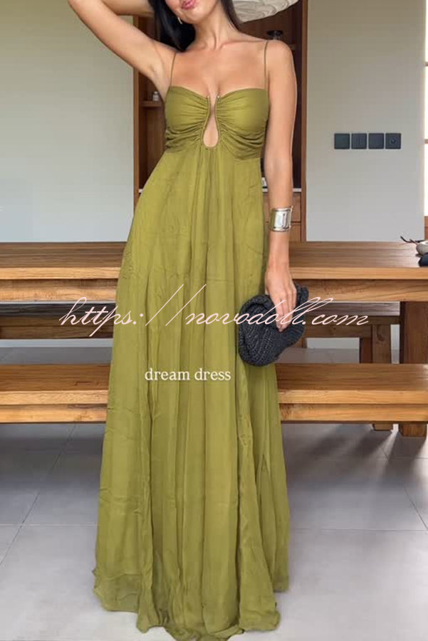Soft and Elegant Metal Hollow Design Back Smocked A-line Slip Maxi Dress