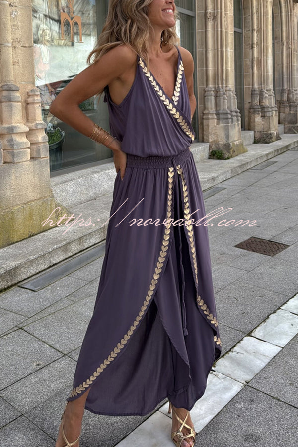 Tamia Gold Trim Elastic Waist Slit Wide Leg Slip Jumpsuit