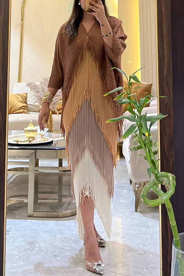 Fashionable Color-blocked Multi-layered Tassel Loose Midi Dress