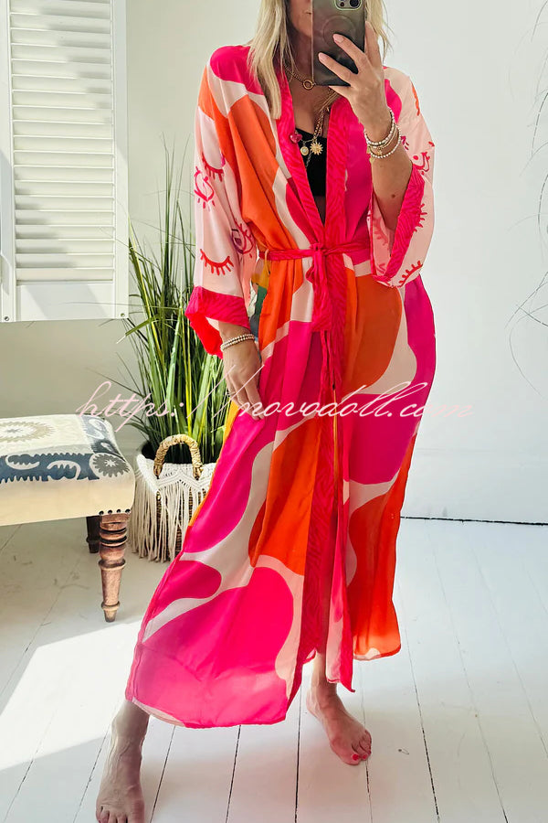 Elevate Beach Style Unique Print Long Sleeve Belted Pocket Cover-up Kimono