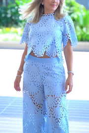 Eliose Scallop Cutout Embroidery Lace Short Sleeve Loose Top