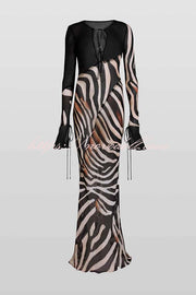 City Night Chiffon Colorblock Animal Print Tie-up Long Sleeve Maxi Dress