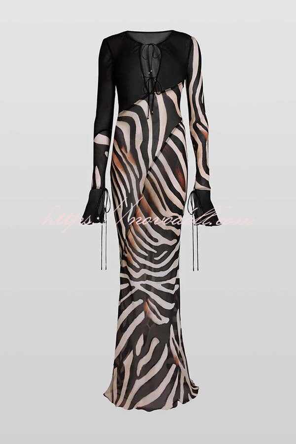 City Night Chiffon Colorblock Animal Print Tie-up Long Sleeve Maxi Dress
