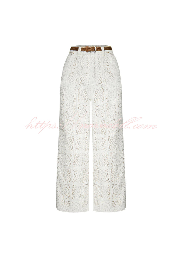 Joyful Bond Crochet Lace Mid Rise Pocketed Wide-leg Pants