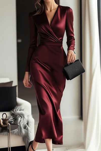 Solid Color Satin V-neck Long Sleeve Waist Slim Midi Dress