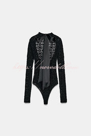 Anna Semi-sheer Lace Long Sleeve Back Bow Tie-up Cutout Stretch Bodysuit