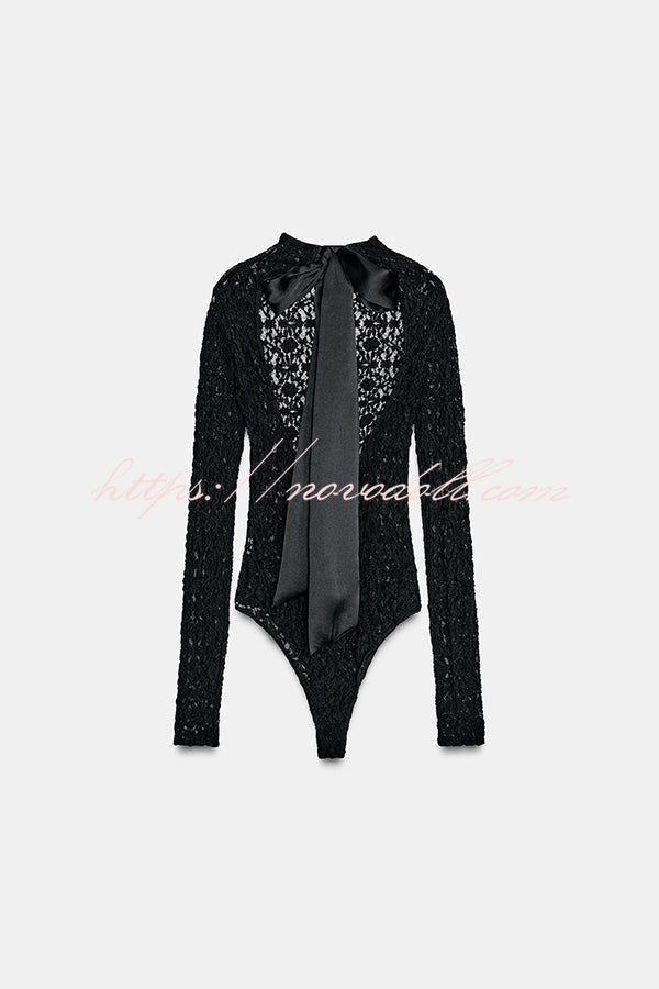 Anna Semi-sheer Lace Long Sleeve Back Bow Tie-up Cutout Stretch Bodysuit