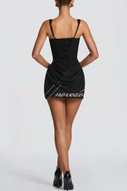 Cornelia Square Neck Back Lace-up Satin Drape Hem Mini Dress