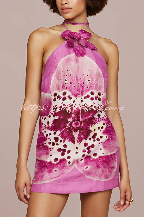 Artistic Flavor Linen Blend Printed Orchid Shape Halter Mini Dress