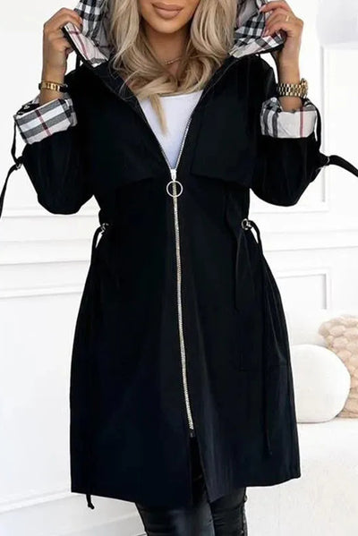 Fashionable Hooded Long-sleeved Zipper Plaid Casual Mid-length Jacket