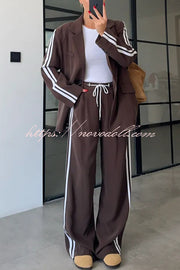 Levvie Striped Trim Long Sleeve Lapel Blazer and Rope Belt Pocketed Wide Leg Pants Set