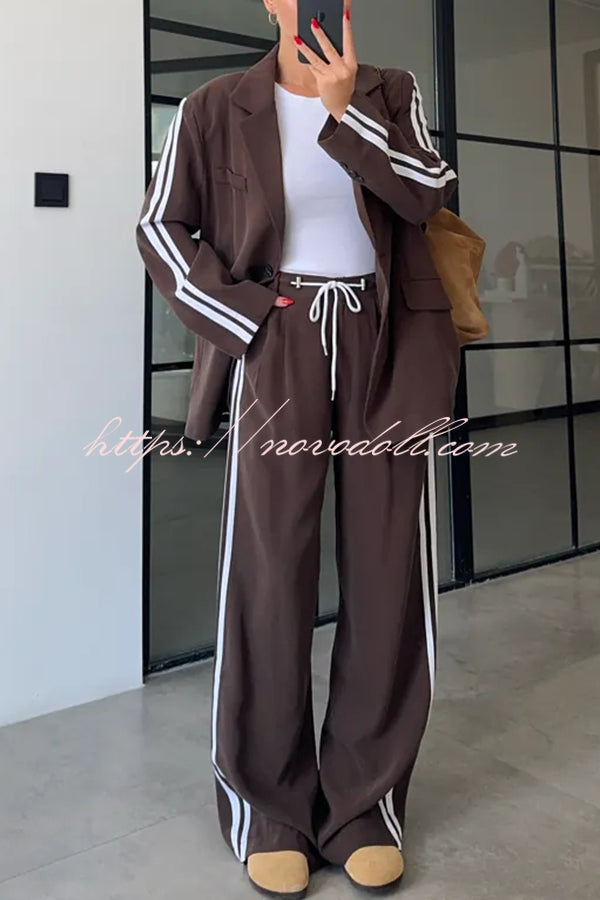 Levvie Striped Trim Long Sleeve Lapel Blazer and Rope Belt Pocketed Wide Leg Pants Set