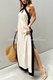 Island Bay Breeze Linen Blend Color Block Halter Neck Slit Maxi Dress