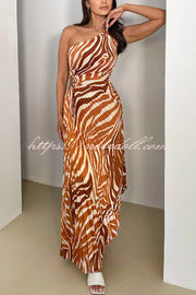 Elora Pleated Zebra Print One Shoulder Drawstring Cutout Maxi Dress