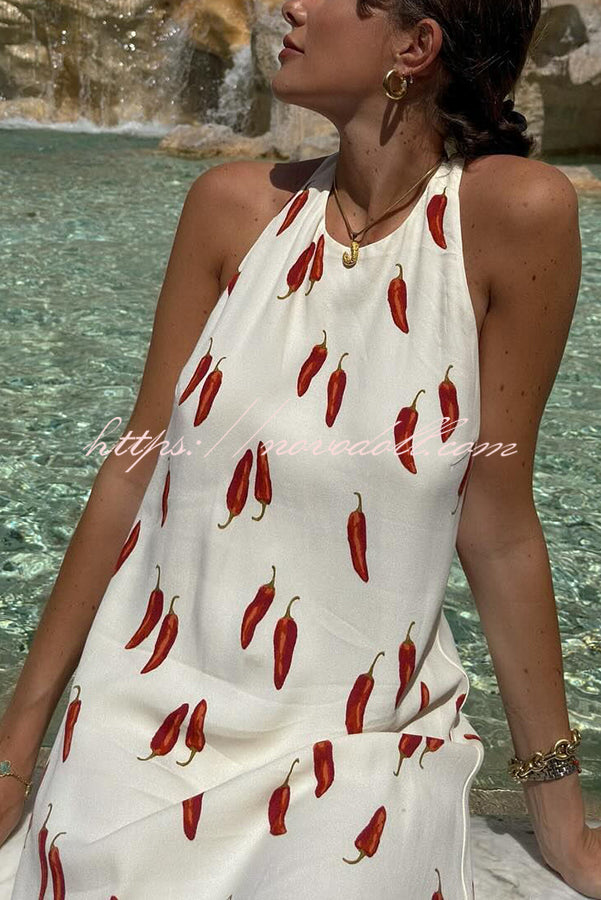 Spicy Summer Chili Pepper Unique Print Soft Fabric Halter Loose Mini Dress