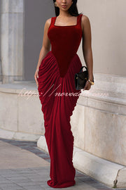 Fashionable Velvet Patchwork Square Neck Sleeveless Draped Maxi Dress