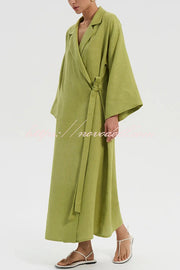 Linen Blend Solid Color Casual Lapel Tie Loose Maxi Dress