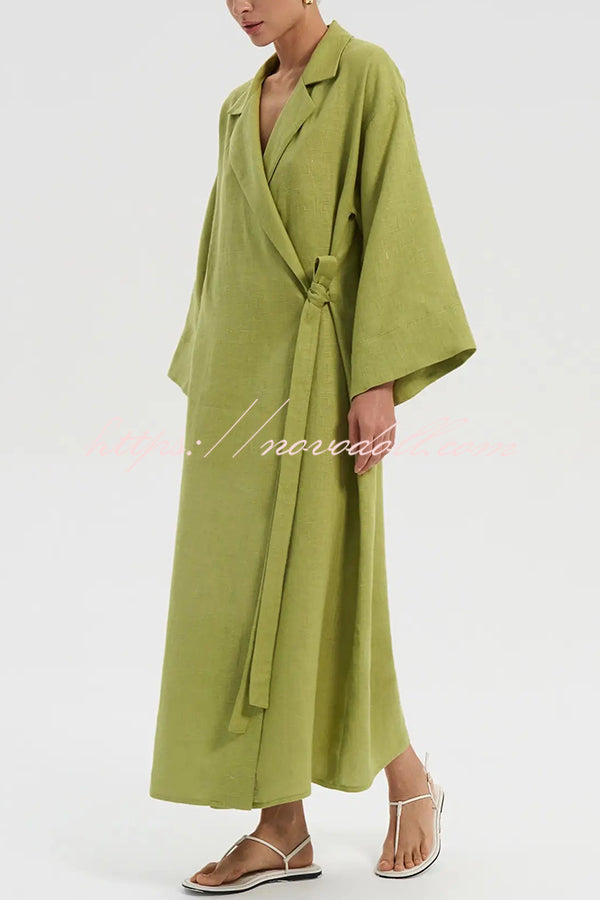 Linen Blend Solid Color Casual Lapel Tie Loose Maxi Dress