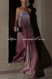 Gorgeous Styling Satin Pleated Elastic Bust Strapless A-line Gown Maxi Dress