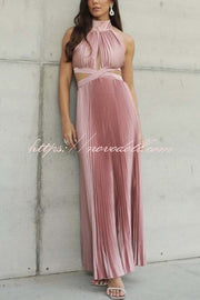 Stunning Choice Satin Pleated Halter High Neck Cutout Waist Backless Maxi Dress