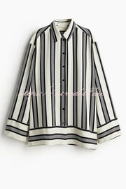 Lifetime of Happiness Striped Long Sleeve Loose Shirt and Elastic Waist Pocket Pants Set