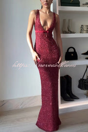 Festival Shines Sequin Beaded Mesh Bow Cutout Detail Slit Maxi Dress