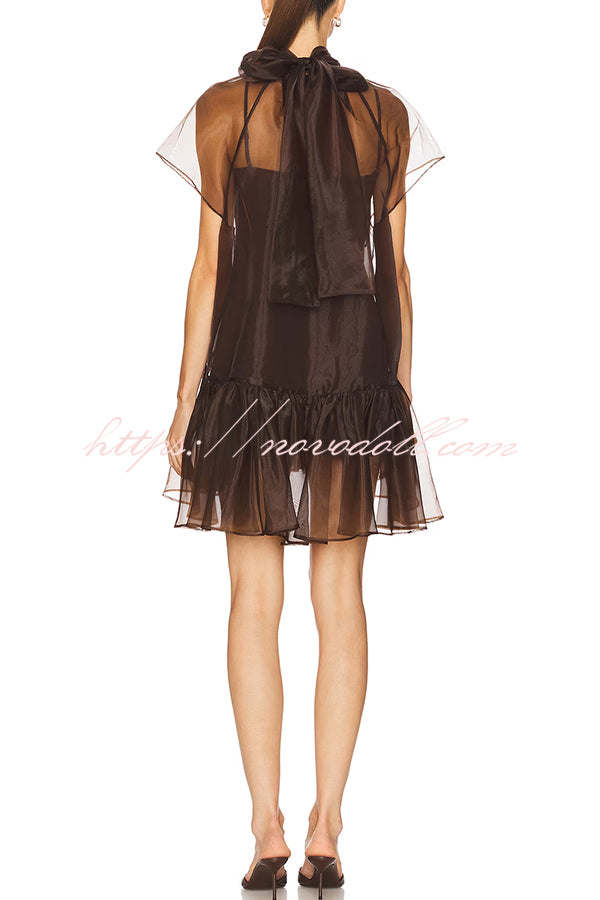 Cocktail Attire Sheer Organza Wide Sleeve Back Bow Layered A-line Mini Dress