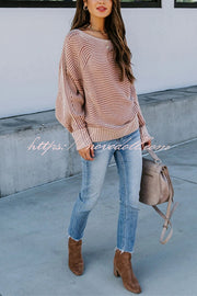 Knitted Striped Round Neck Dolman Sleeve Casual Loose Sweater