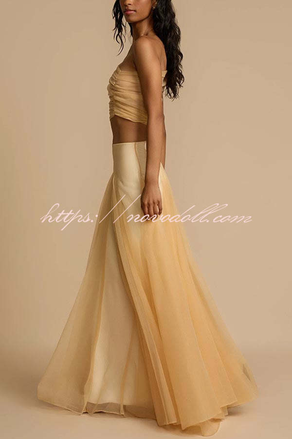 Romance Factor Satin Patchwork Tulle High Rise Elastic Waist A-line Maxi Skirt